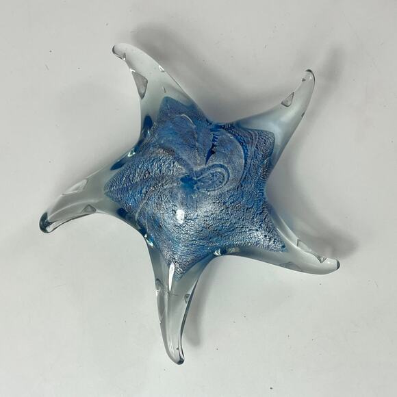 Blue Silver Art Glass Starfish Paperweight Mouthblown Handmade Figurine Decor - Picture 1 of 9